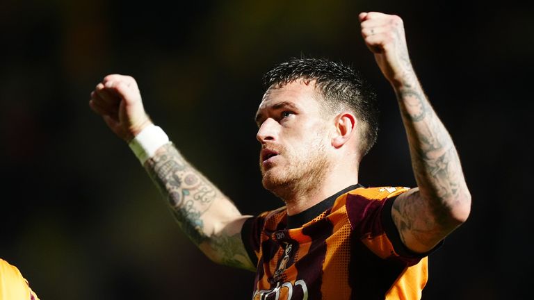 Bradford City's Andy Cook celebrates scoring the opening goal
