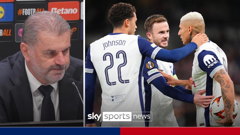 Tottenham Hotspur's Richarlison (right) and team-mate James Maddison (centre) disagree on who should take a penalty during the UEFA Europa League group stage match at the Tottenham Hotspur Stadium, London. Picture date: Thursday October 24, 2024.
