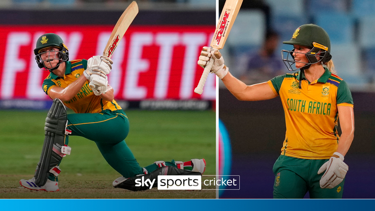 De Zuid-Afrikaanse Anneke Bosch speelt een kans tijdens de halve finale van de ICC Women's T20 World Cup 2024 tussen Australië en Zuid-Afrika in het Dubai International Cricket Stadium, Verenigde Arabische Emiraten, donderdag 17 oktober 2024. (AP Photo/Altaf Qadri)