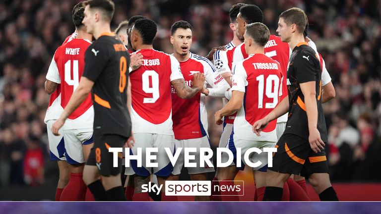 Arsenal's Gabriel Martinelli (centre) celebrates their side's first goal of the game, an own goal scored by Shakhtar Donetsk goalkeeper Dmytro Riznyk (not pictured), during the UEFA Champions League group stage match at the Emirates Stadium, London. Picture date: Tuesday October 22, 2024.