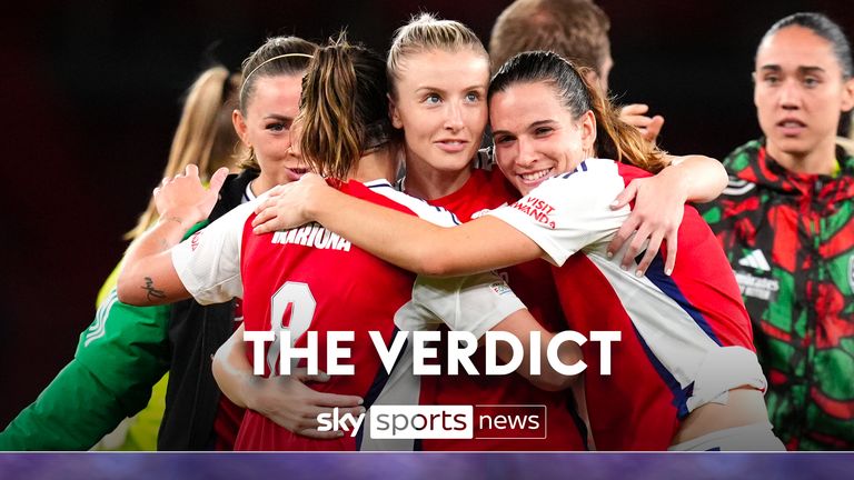 Arsenal's Mariona Caldentey, Leah Williamson and Laia Codina celebrate following the UEFA Women's Champions League, group C match at Emirates Stadium, London. Picture date: Wednesday October 16, 2024.