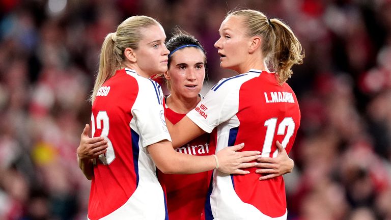 Alessia Russo, Mariona Caldentey and Frida Maanum celebrate the fourth goal for Arsenal Women. 