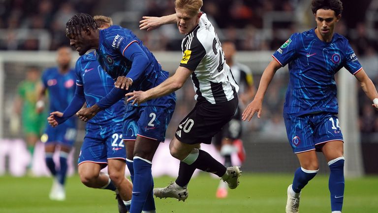 Chelsea's Axel Disasi fouls Newcastle United's Lewis Hall 