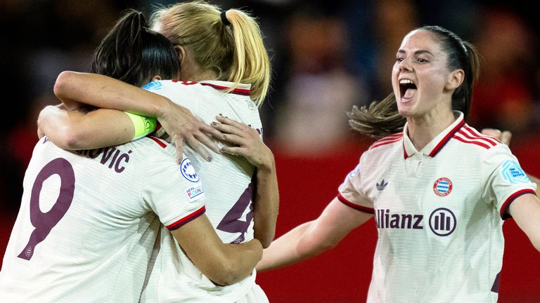 From left, Munich's Jovana Damnjanovic, scorer Glodis Perla Viggosdottir, Sarah Zadrazil and Pernille Harder celebrate ther side's first goal during the women's Champions League group C soccer match between FC Bayern Munich and Arsenal Women FC in Munich, Germany, Wednesday, Oct. 9, 2024. (Sven Hoppe/dpa via AP)