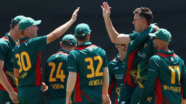 
PERTH, AUSTRALIA - OCTOBER 25: Beau Webster of Tasmania celebrates the wicket of Ashton Turner Western Australia during the ODC match between Western Australia and Tasmania at WACA Ground, on October 25, 2024, in Perth, Australia. (Photo by Will Russell/Getty Images)
