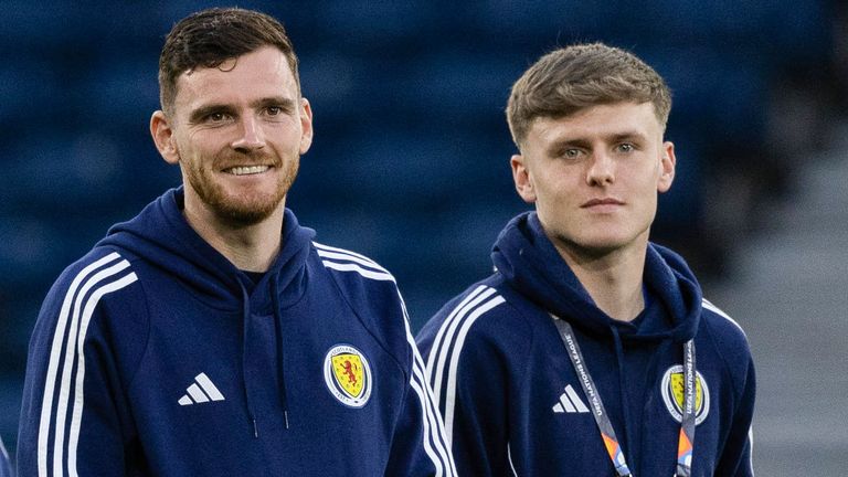 GLASGOW, SCOTLAND - SEPTEMBER 05: Scotland's Andy Robertson and Ben Doak during a UEFA Nations League - League A Group 1 match between Scotland and Poland at Hampden Park, on September 05, 2024, in Glasgow, Scotland. (Photo by Craig Williamson / SNS Group)