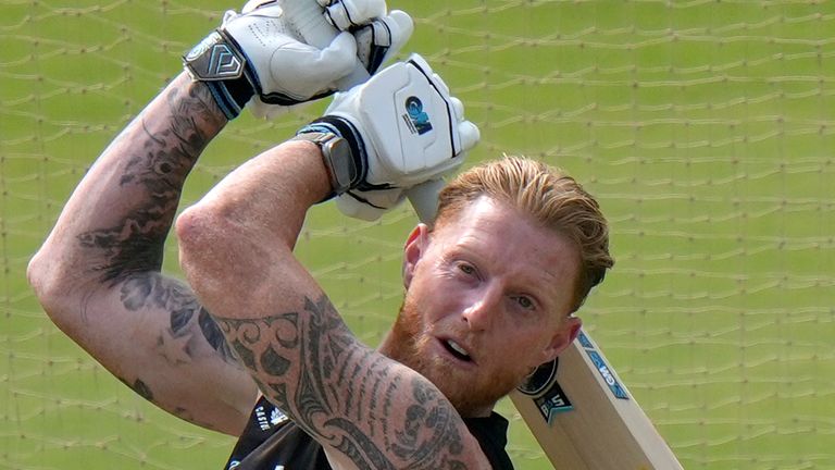 England's Ben Stokes bats during a practice session, in Rawalpindi, Pakistan, Wednesday, Oct. 23, 2024. (AP Photo/Anjum Naveed) 