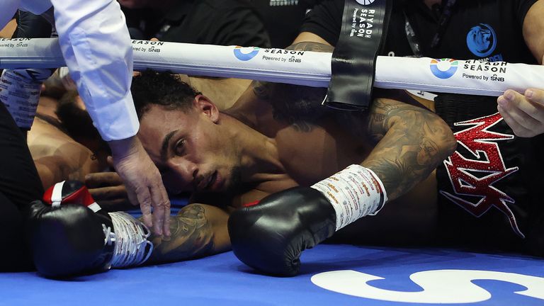 Ben Whittaker was injured toppling over the ropes on Saturday night (Picture by Mark Robinson Matchroom Boxing)