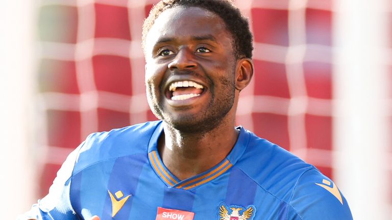 PERTH, SCOTLAND - OCTOBER 19: St Johnstone's Benjamin Kimpioka celebrates scoring to make it 2-0 during a William Hill Premiership match between St Johnstone and Ross County at McDiarmid Park, on October 19, 2024, in Perth, Scotland. (Photo by Roddy Scott / SNS Group)