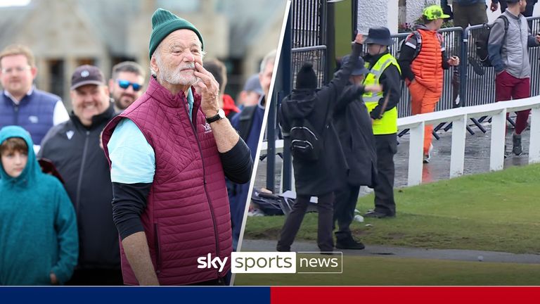 Bill Murray Tee shot at the famous 18th at St Andrews found the road and somehow ended up back on the course.