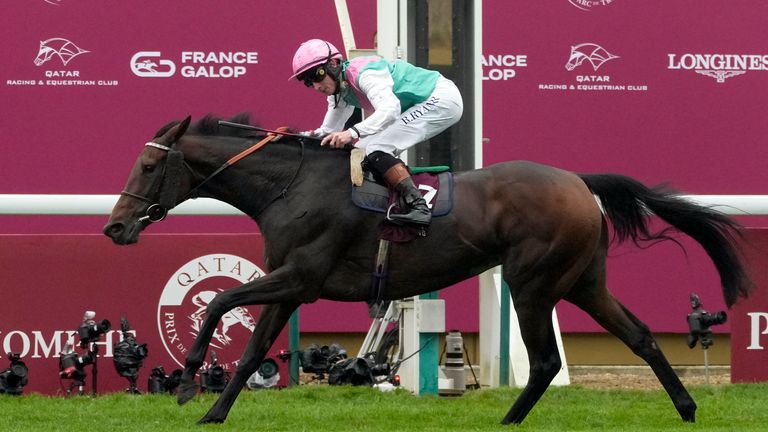 Bluestocking, ridden by Rossa Ryan, crosses the finish line to win the Prix de l'Arc de Triomphe