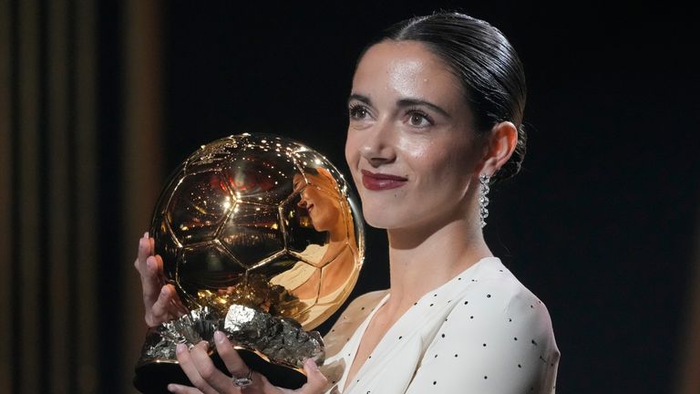 Aitana Bonmati of Barcelona receives the Women's 2024 Ballon d'Or during the 68th Ballon d'Or (Golden Ball) awards ceremony at the Theater du Chatelet in Paris, Monday, October 28, 2024. (AP Photo/Michel Euler)