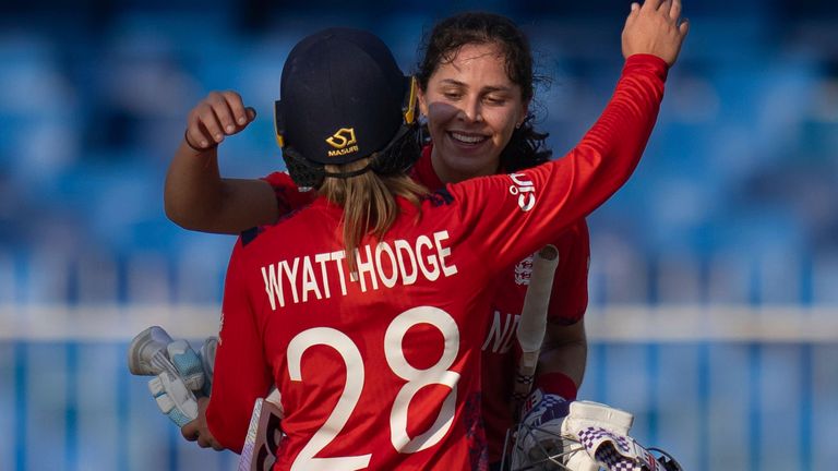 England's Danni Wyatt-Hodge and Maia Bouchier celebrate their win against Scotland