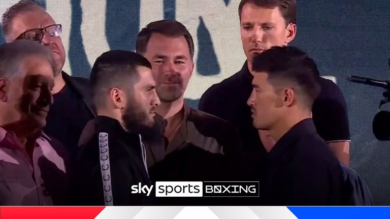 Dmitry Bivol and Artur Beterbiev engaged in a fierce face-off ahead of their undisputed light-heavyweight clash this weekend.