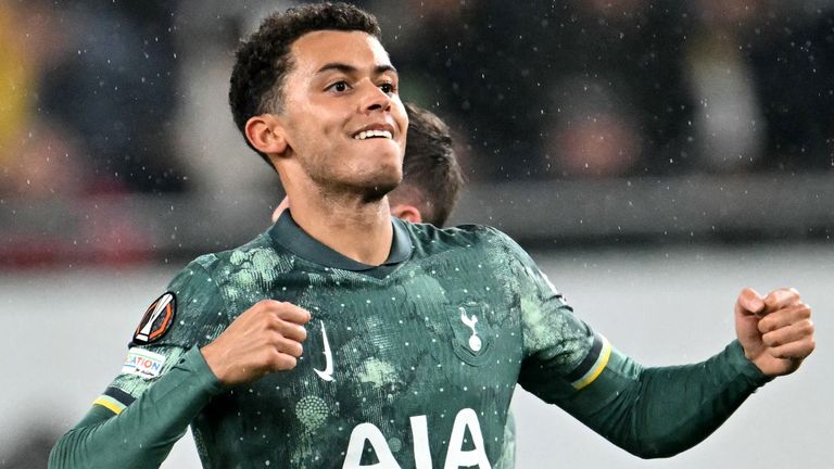 Brennan Johnson celebrates after scoring Tottenham's second goal.