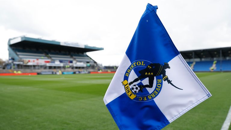 A general view of a Bristol Rovers badge on a corner flag inside the Memorial Stadium