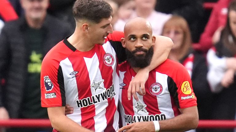 Brentford's Bryan Mbeumo celebrates scoring their side's third goal of the game 