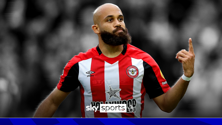 Brentford's Bryan Mbeumo celebrates scoring their side's third goal of the game during the Premier League match at the Gtech Community Stadium, London. Picture date: Saturday October 26, 2024.
