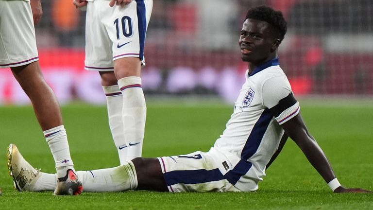 Bukayo Saka was injured playing for England against Greece at Wembley