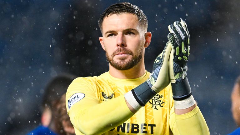 GLASGOW, SCOTLAND - OCTOBER 27: Rangers' Jack Butland at full time during a William Hill Premiership match between Rangers and St Mirren at Ibrox Stadium, on October 27, 2024, in Glasgow, Scotland. (Photo by Rob Casey / SNS Group)