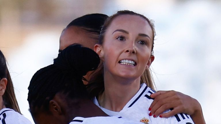 Caroline Weir of Real Madrid celebrates a goal during the UEFA Women's Champions League, Group B, football match played between Real Madrid and Celtic FC at Alfredo Di Stefano stadium on October 17, 2024, in Valdebebas, Madrid, Spain. AFP7 17/10/2024 (Europa Press via AP)