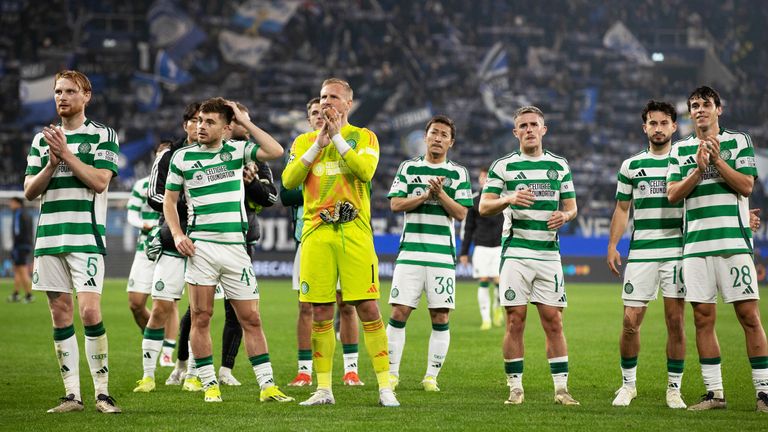 BERGAMO, ITALY - OCTOBER 23: Celtic's Liam Scales, Kasper Schmeichel, Luke McCowan, Nicholas Kuhn and Paulo Bernardo  during a UEFA Champions League 2024/25 League Phase MD3 match between Atalanta and Celtic at the Gewiss Stadium, on October 23, 2024, in Bergamo, Italy. (Photo by Craig Williamson / SNS Group)