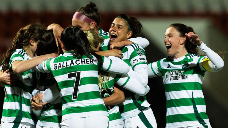 Celtic players celebrate during a UEFA Women's Champions League Second Qualifying Round Second Leg match between Celtic and Vorskla Poltava 