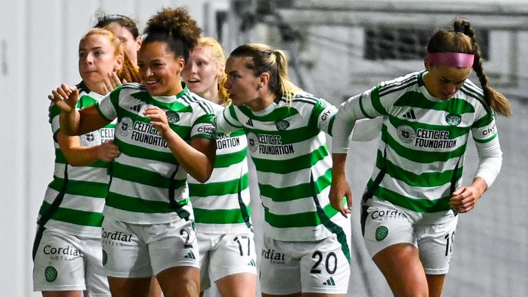 CUMBERNAULD, SCOTLAND - OCTOBER 03: Celtic's Celya Barclais (C) celebrates scoring to make it 2-2 with teammate Mathilde Carstens (L) during a ScottishPower Women's Premier League match between Rangers and Celtic at Broadwood Stadium, on October 03, 2024, in Cumbernauld, Scotland. (Photo by Rob Casey / SNS Group)