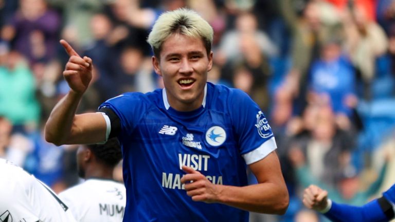 Rubin Colwill celebrates after scoring against Plymouth