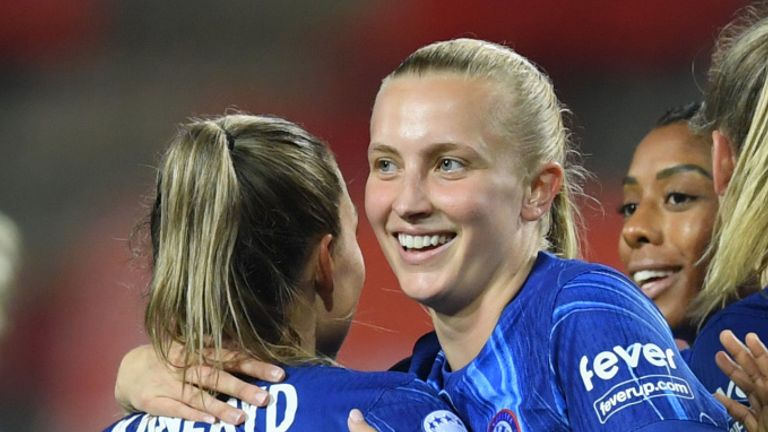 ENSCHEDE, NETHERLANDS - OCTOBER 17: Aggie Beever-Jones of Chelsea celebrates with teammates after scoring her team's first goal during the UEFA Women's Champions League match between FC Twente and Chelsea FC at FC Twente Stadium on October 17, 2024 in Enschede, Netherlands. (Photo by Harriet Lander - Chelsea FC/Chelsea FC via Getty Images)