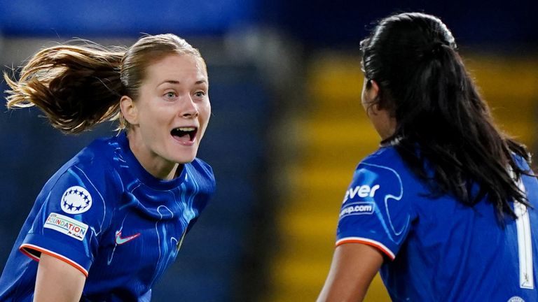 Chelsea's Sjoeke Nusken (centre left) celebrates scoring their side's first goal of the game during the UEFA Women's Champions League, group stage match at Stamford Bridge, London. Picture date: Tuesday October 8, 2024.