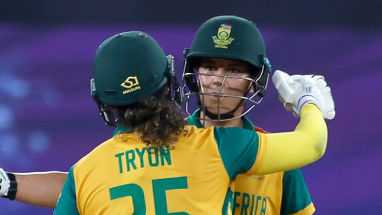 DUBAI, UNITED ARAB EMIRATES - OCTOBER 12: Chlo.. Tryon and Marizanne Kapp of South Africa celebrate their team's win over Bangladesh during the ICC Women's T20 World Cup match between South Africa and Bangladesh at Dubai International Cricket Stadium on October 12, 2024 in Dubai, United Arab Emirates. (Photo by Pankaj Nangia/Gallo Images)