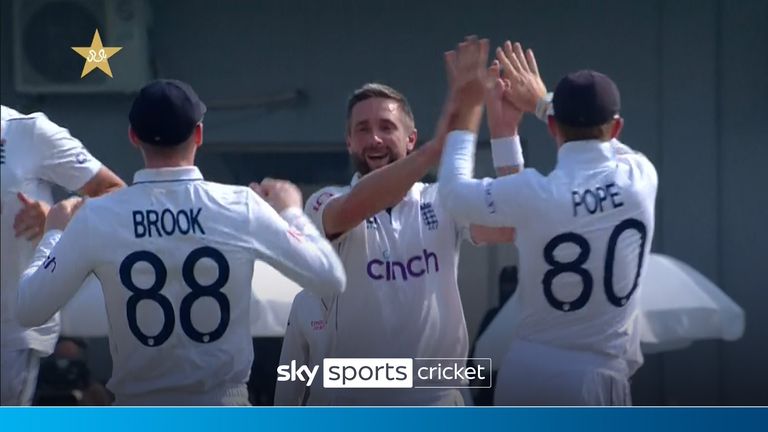 Chris Woakes sent the wickets tumbling with his first delivery on day four of England's first test against Pakistan.