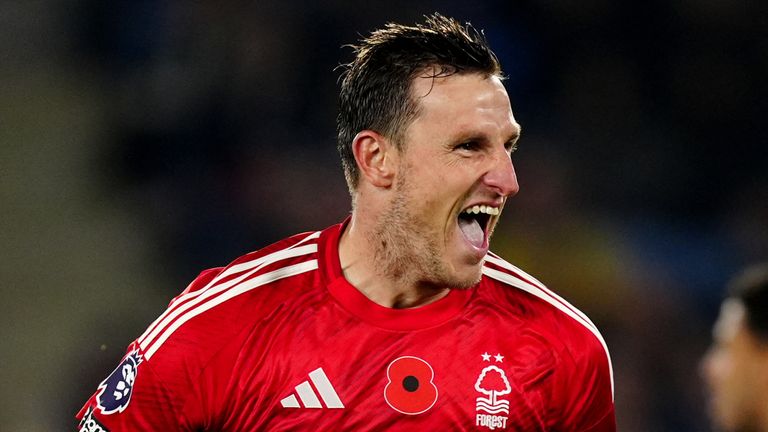 Nottingham Forest's Chris Wood celebrates scoring his side's second goal against Leicester