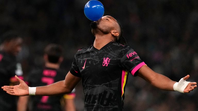 Chelsea's Christopher Nkunku celebrates after scoring his team's fourth goal during the Europa Conference League opening round soccer match between Panathinaikos and Chelsea at the Olympic Stadium in Athens, Greece, Thursday, Oct. 24, 2024. ( AP Photo/Petros Giannakouris)