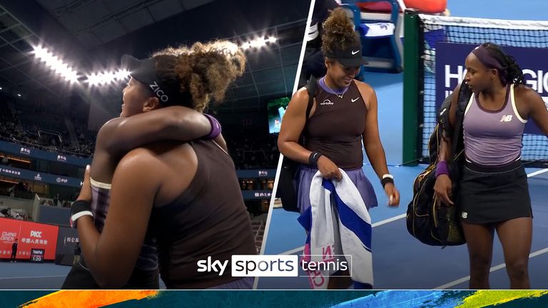 Coco Gauff shows a compassionate gesture as she carries Naomi Osaka's bag off the pitch after the Japanese player was forced to retire due to a lower back injury. Thumb v2