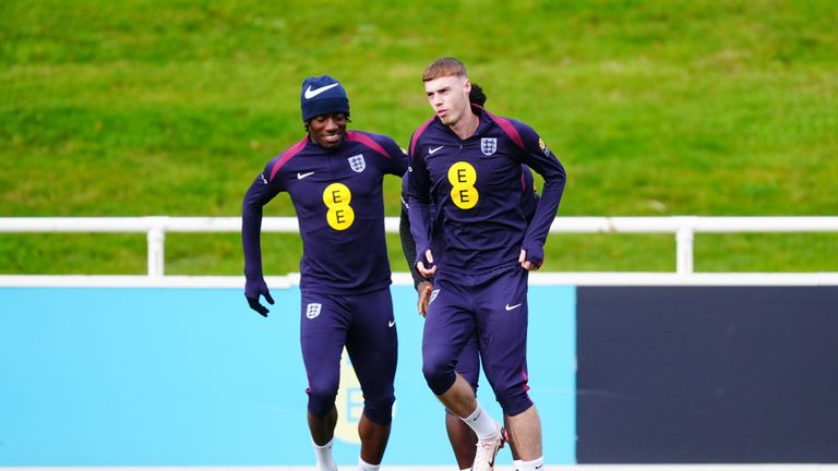 England&#39;s Cole Palmer (right) and Noni Madueke during the training session at St George&#39;s Park, Burton-on-Tren