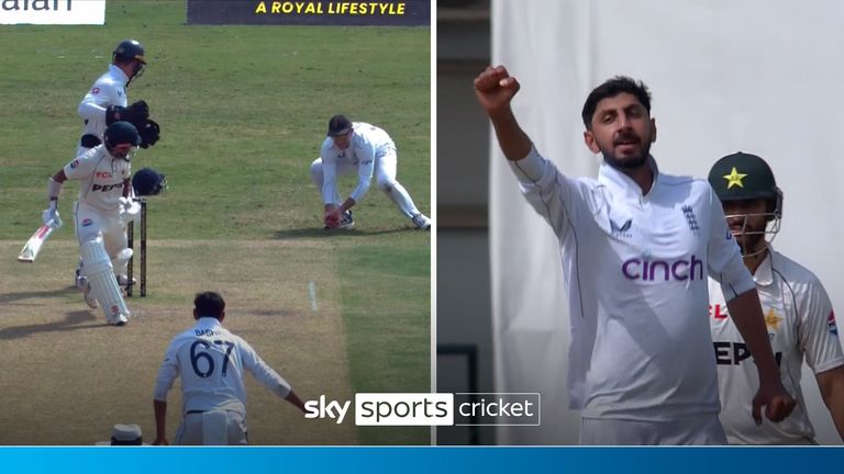 Shoaib Bashir delivers a superb ball to Pakistan's Saud which sees him dismissed for 82 runs after his nick on the ball falls into the hands of Joe Root.