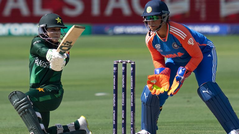 Pakistan's Sidra Ameen bats during the ICC Women's T20 World Cup 2024 match between Pakistan and India at Dubai International Stadium, United Arab Emirates