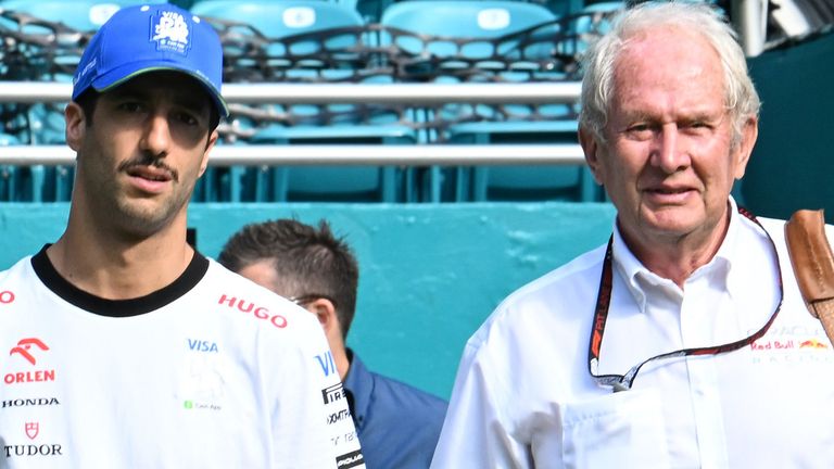 MIAMI INTERNATIONAL AUTODROME, UNITED STATES OF AMERICA - MAY 04: Daniel Ricciardo, Visa Cash App RB F1 Team, arrives with his girlfriend Heidi Berger, and Helmut Marko, Consultant, Red Bull Racing during the Miami GP at Miami International Autodrome on Saturday May 04, 2024 in Miami, United States of America. (Photo by Mark Sutton / Sutton Images)