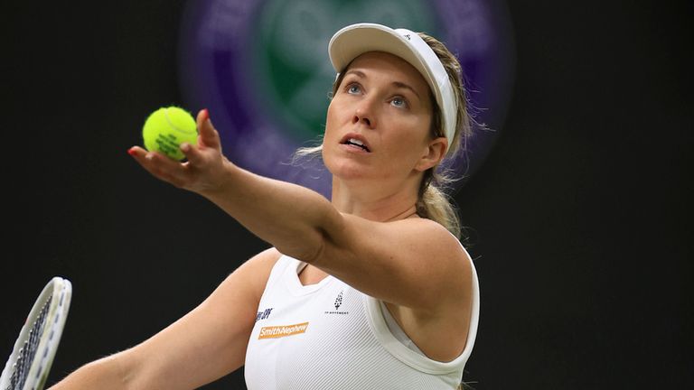 Danielle Collins of United States tosses a ball during the ladies' singles 4th round match against Barbora Krejcikova of Czech Republic on the day 8 of the Wimbledon tennis championships at All England Lawn Tennis and Croquet Club in London, United Kingdom on July 8, 2024.( The Yomiuri Shimbun via AP Images )