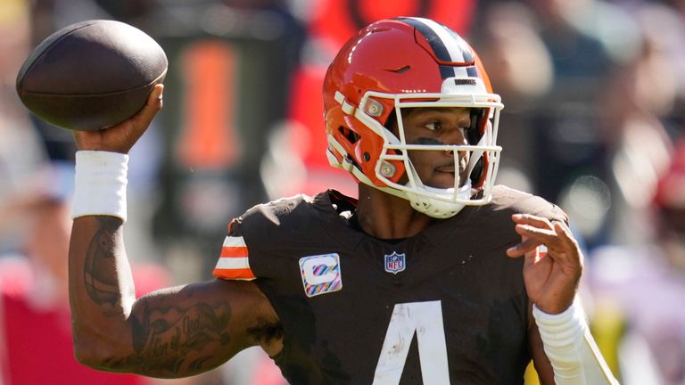 Cleveland Browns quarterback Deshaun Watson (4) passes in the first half of an NFL football game against the Cincinnati Bengals, Sunday, Oct. 20, 2024, in Cleveland. (AP Photo/Sue Ogrocki)