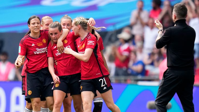 Marc Skinner, right, applauds Ella Toone after she scored a stunner in last season's FA Cup final win over Spurs