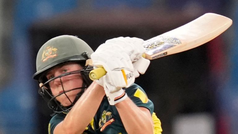 Australia's Ellyse Perry plays a shot during the ICC Women's T20 World Cup 2024 semi-final match between Australia and South Africa at Dubai International Cricket Stadium, United Arab Emirates, Thursday, Oct. 17, 2024. (AP Photo/Altaf Qadri)