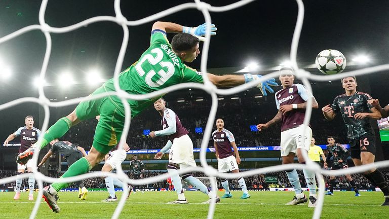 Emi Martinez dives to save Harry Kane's header deep into stoppage time to ensure Aston Villa beat Bayern Munich