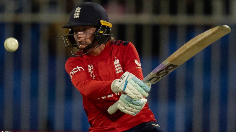 England's Danni Wyatt plays a shot during the ICC Women's T20 World Cup 2024 match between England and Bangladesh at Sharjah Stadium, United Arab Emirates, Saturday, Oct. 5, 2024. (AP Photo/Altaf Qadri)