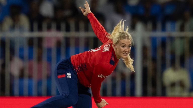 England's Sarah Glenn bowls during the ICC Women's T20 World Cup 2024 match between England and Bangladesh at Sharjah Stadium, United Arab Emirates, Saturday, Oct. 5, 2024. (AP Photo/Altaf Qadri)