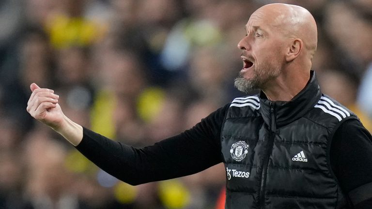 Manchester United head coach Erik ten Hag, gives instructions to the players during the Europa League opening phase soccer match between Fenerbahce and Manchester United at Sukru Saracoglu stadium, in Istanbul, Turkey, Thursday, Oct. 24, 2024. (AP Photo/Francisco Seco)