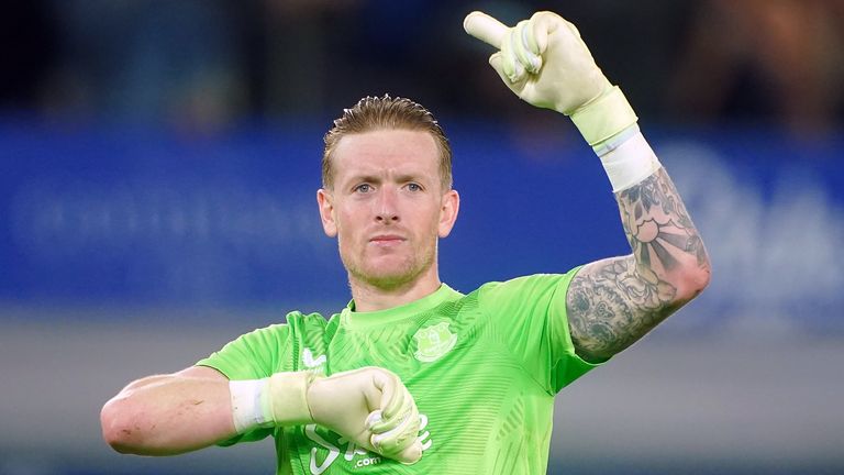 Everton goalkeeper Jordan Pickford acknowledges the fans after the final whistle in the Premier League game against Newcastle