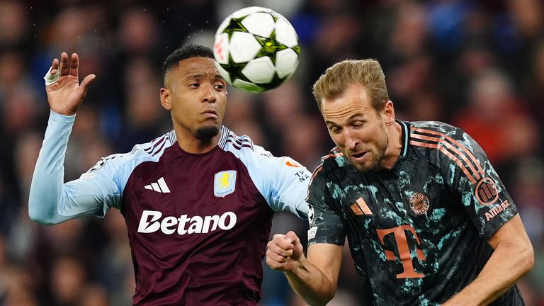 Ezri Konsa and Harry Kane duel in the air